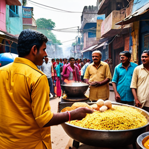 Home 11 A vibrant street scene in India. Capture the essence of **local culture** with bustling crowds, colorful clothing, street food vendors, and traditional music playing. Focus on the energy and atmosphere of everyday life, highlighting the authentic experience of interacting with locals.