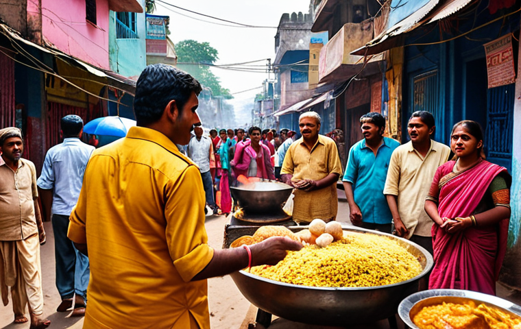 A vibrant street scene in India. Capture the essence of **local culture** with bustling crowds, colorful clothing, street food vendors, and traditional music playing. Focus on the energy and atmosphere of everyday life, highlighting the authentic experience of interacting with locals.