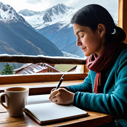 Home 6 A professional female travel blogger, fully clothed in modest, comfortable travel attire, thoughtfully writing in a leather-bound notebook. She is seated at a rustic wooden table inside a cozy, sunlit mountain cafe, with a panoramic window revealing a serene, mist-covered valley and distant snow-capped peaks. A warm cup of chai steams gently beside her. The scene captures the essence of personal experience and detailed observation, emphasizing storytelling. Perfect anatomy, correct proportions, natural pose, well-formed hands, proper finger count. Safe for work, appropriate content, fully clothed, family-friendly, professional photography, cinematic lighting, high quality, ultra-detailed.