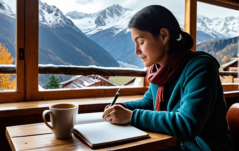 A professional female travel blogger, fully clothed in modest, comfortable travel attire, thoughtfully writing in a leather-bound notebook. She is seated at a rustic wooden table inside a cozy, sunlit mountain cafe, with a panoramic window revealing a serene, mist-covered valley and distant snow-capped peaks. A warm cup of chai steams gently beside her. The scene captures the essence of personal experience and detailed observation, emphasizing storytelling. Perfect anatomy, correct proportions, natural pose, well-formed hands, proper finger count. Safe for work, appropriate content, fully clothed, family-friendly, professional photography, cinematic lighting, high quality, ultra-detailed.