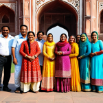 여행안내사 직업 만족도를 높이는 방법 - "A professional Indian woman, wearing a modest and colorful salwar kameez, smiling warmly while guid...