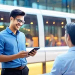 여행안내사로서 고객 만족도 조사 활용법 - **Prompt:** A charismatic and friendly male tour guide, dressed in a smart casual outfit, stands con...