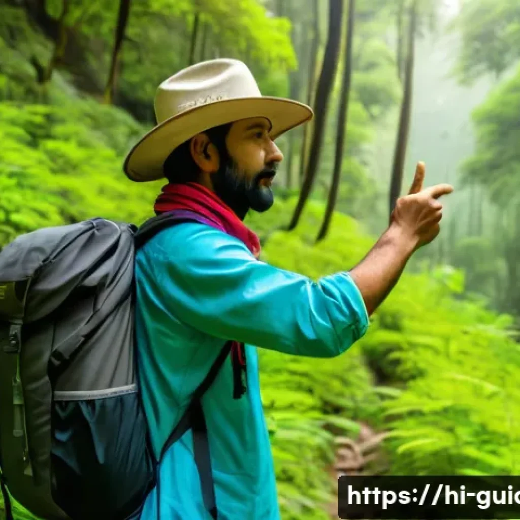 여행안내사 직무 중 환경 보호 사례 - A local Indian tour guide wearing breathable, practical hiking clothes and a wide-brimmed hat, leadi...