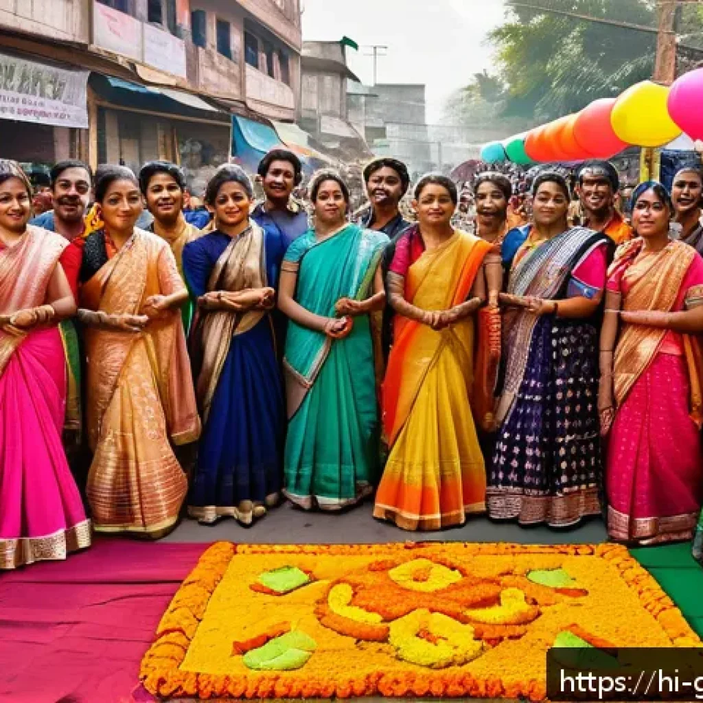 여행안내사로서 성장하기 위한 10가지 방법 - A vibrant Indian street festival scene showcasing traditional Hindi cultural elements: people dresse...