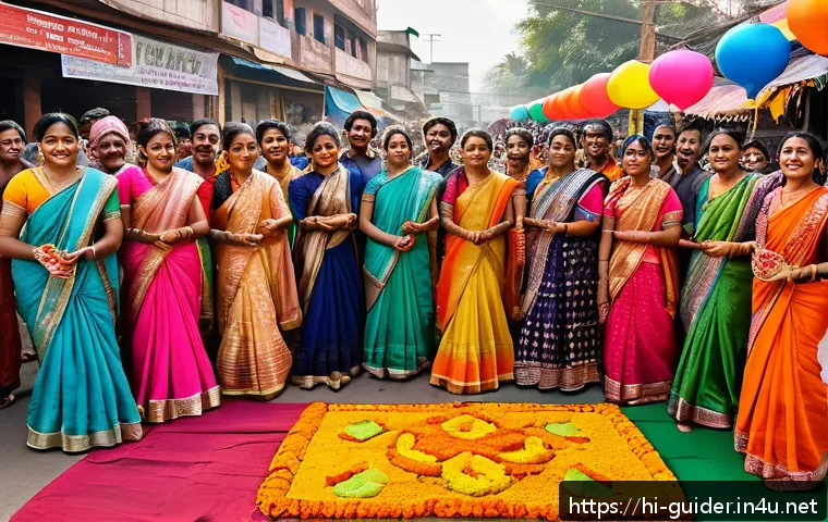 여행안내사로서 성장하기 위한 10가지 방법 - A vibrant Indian street festival scene showcasing traditional Hindi cultural elements: people dresse...