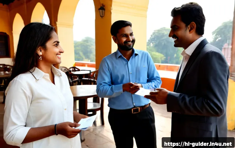 여행안내사로서 네트워킹 방법 - Photorealistic scene of a friendly Indian travel guide networking with two local tourism professiona...
