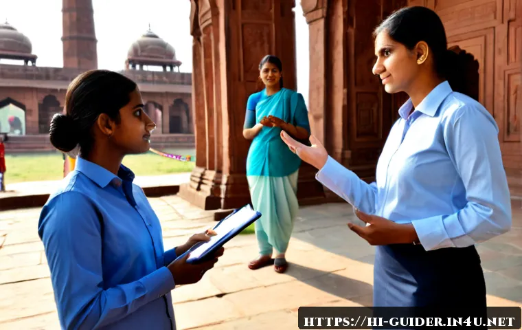 여행안내사 실기 시험 주의사항 - Photorealistic travel guide practical examination scene in India, a confident Indian female candidat...